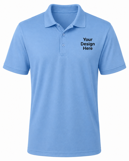 Light blue custom performance polo with left chest logo design, moisture-wicking business polo by Sharp Stitch