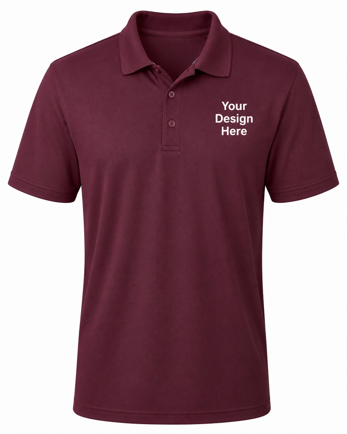 Maroon custom performance polo with white left chest logo design, moisture-wicking business apparel by Sharp Stitch