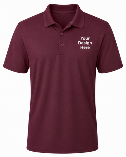 Maroon custom performance polo with white left chest logo design, moisture-wicking business apparel by Sharp Stitch