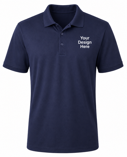 Navy custom performance polo with white left chest logo design, moisture-wicking company apparel by Sharp Stitch