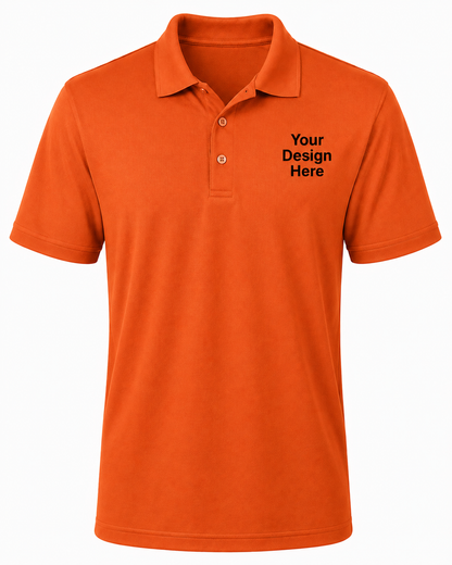 Orange custom performance polo with black left chest logo design, moisture-wicking company and team apparel by Sharp Stitch
