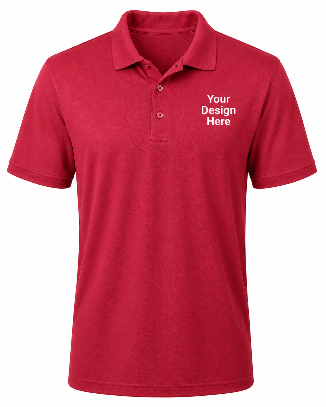 Red custom performance polo with white left chest logo design, moisture-wicking company uniform by Sharp Stitch