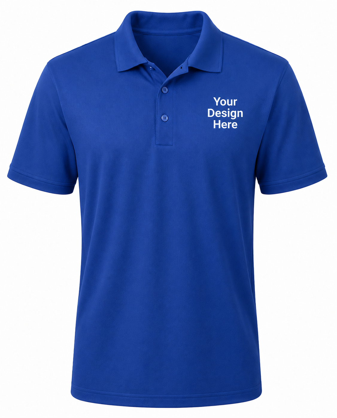 Royal blue custom performance polo with white left chest logo design, moisture-wicking uniform by Sharp Stitch