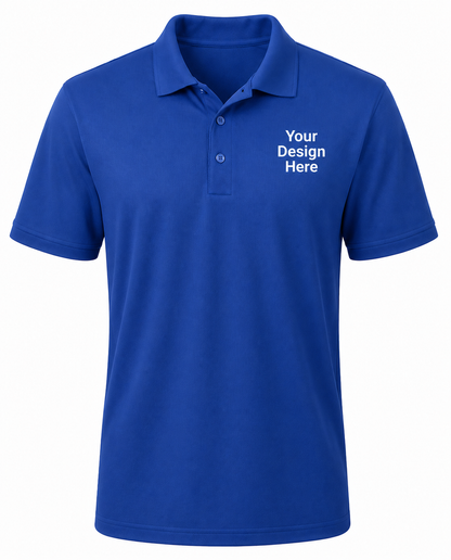Royal blue custom performance polo with white left chest logo design, moisture-wicking uniform by Sharp Stitch