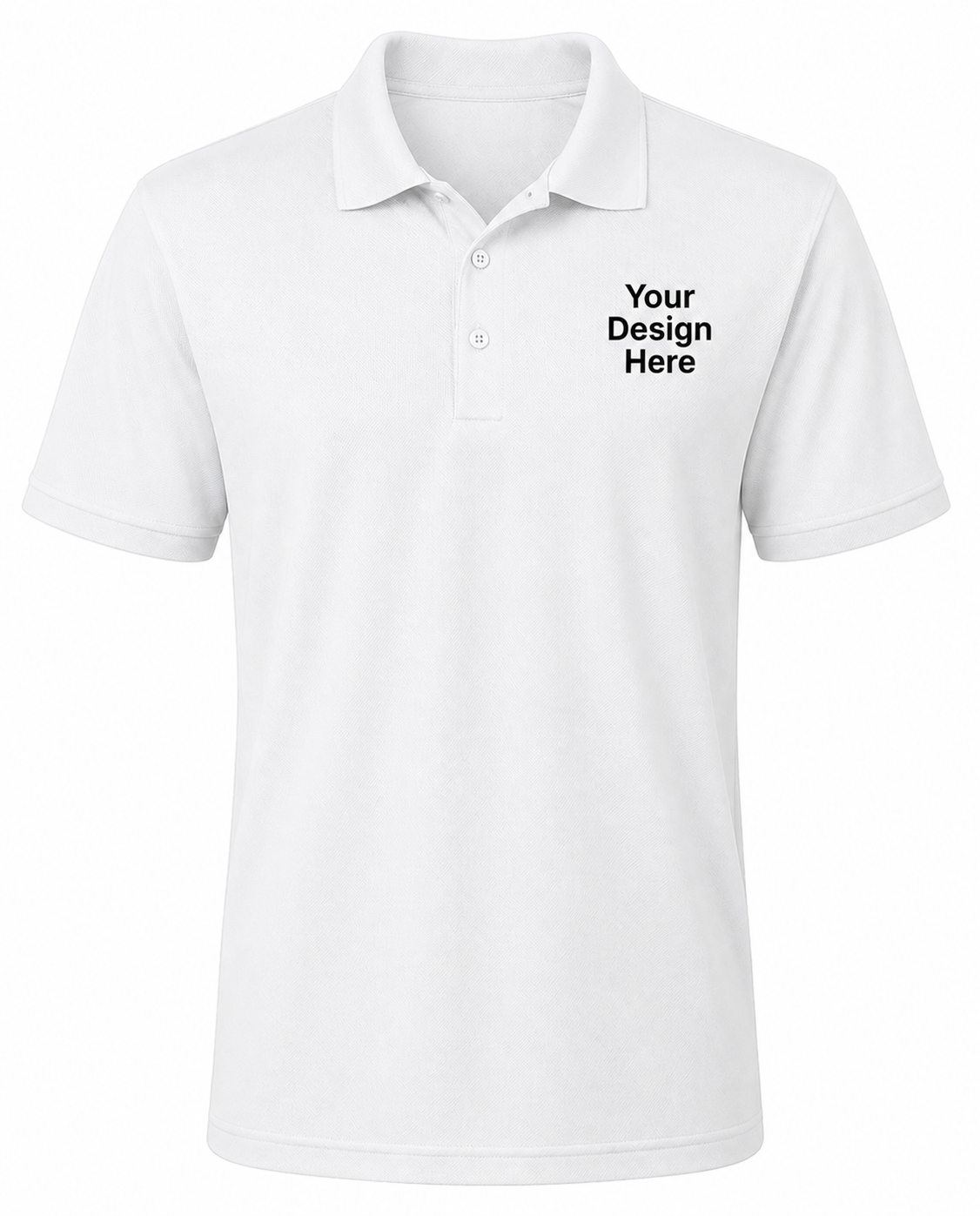White custom performance polo with black left chest logo design, moisture-wicking business apparel by Sharp Stitch