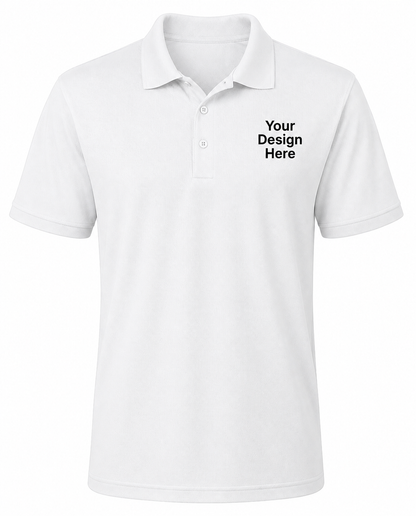 White custom performance polo with black left chest logo design, moisture-wicking business apparel by Sharp Stitch