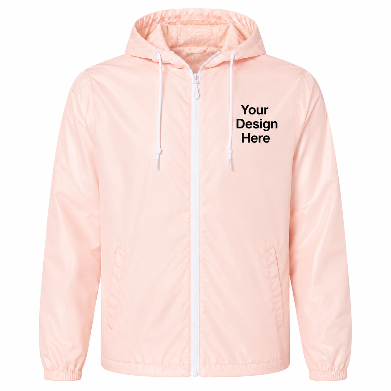 Pink custom windbreaker jacket with embroidered logo placement and premium DTF printing.