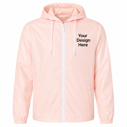 Pink custom windbreaker jacket with embroidered logo placement and premium DTF printing.
