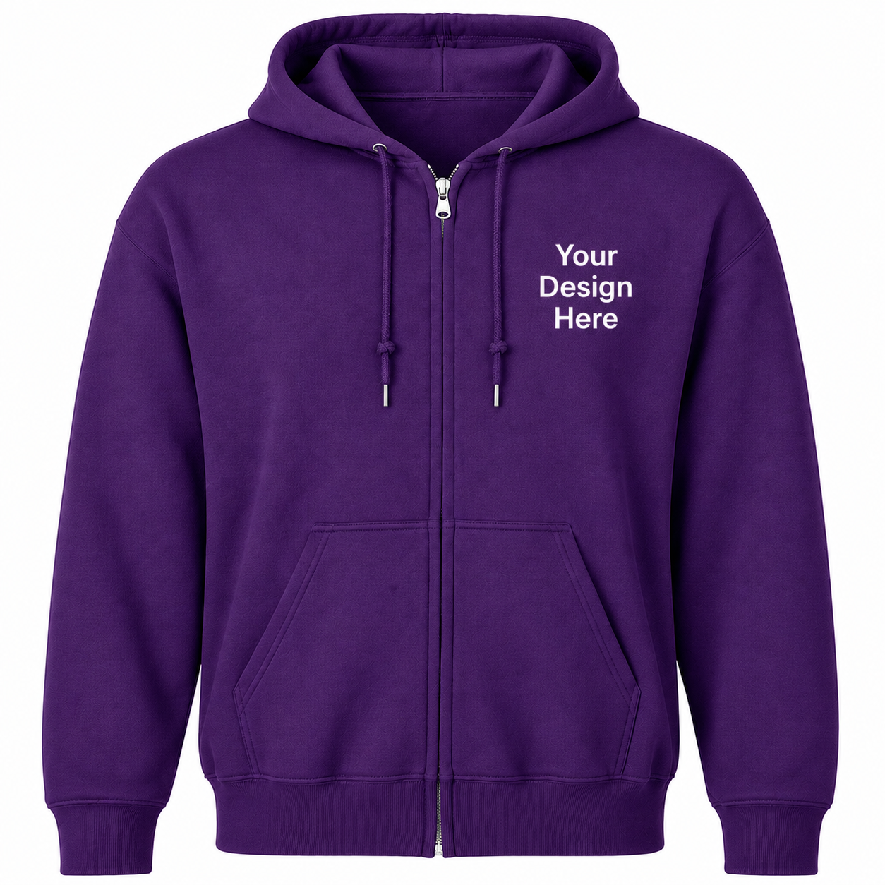 Purple custom full-zip hoodie featuring customizable left chest embroidery and DTF printing.