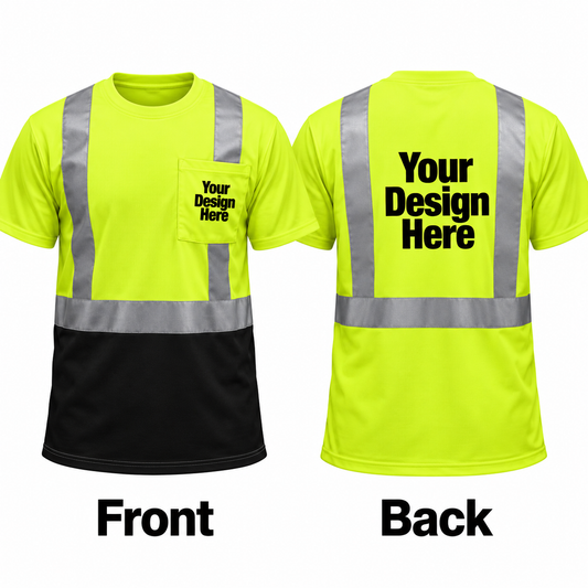 Custom safety green black-bottom reflective T-shirt with front and back DTF logo placement