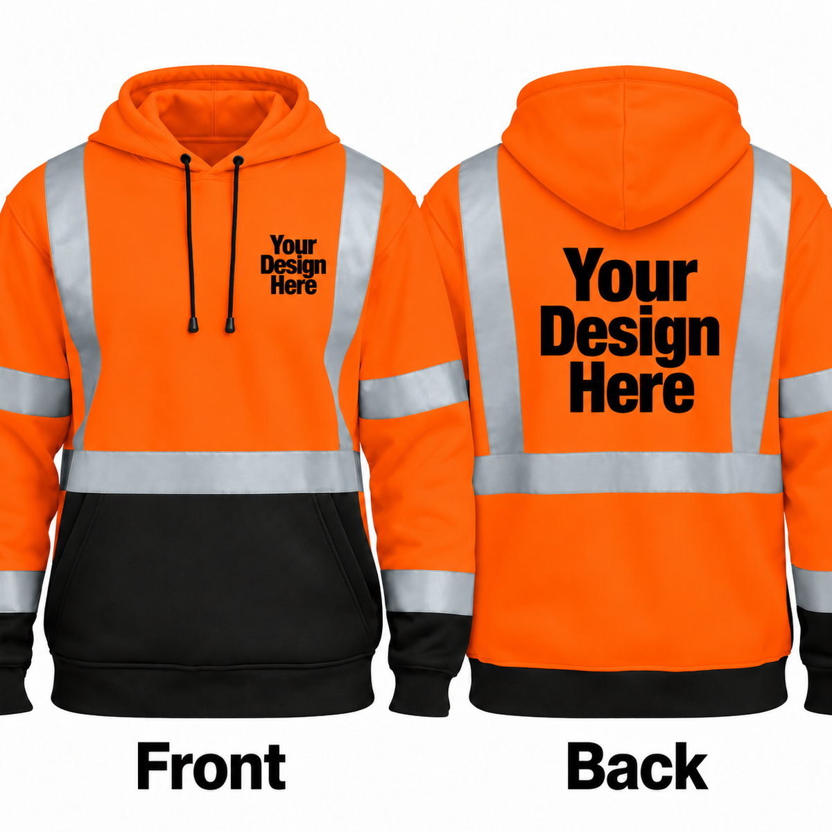 Custom safety orange reflective pullover hoodie with front and back DTF logo placement