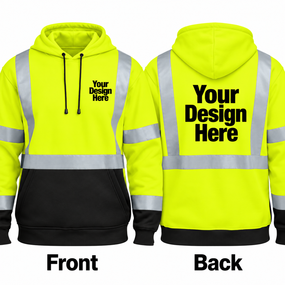 Custom safety yellow reflective pullover hoodie with front and back DTF logo placement