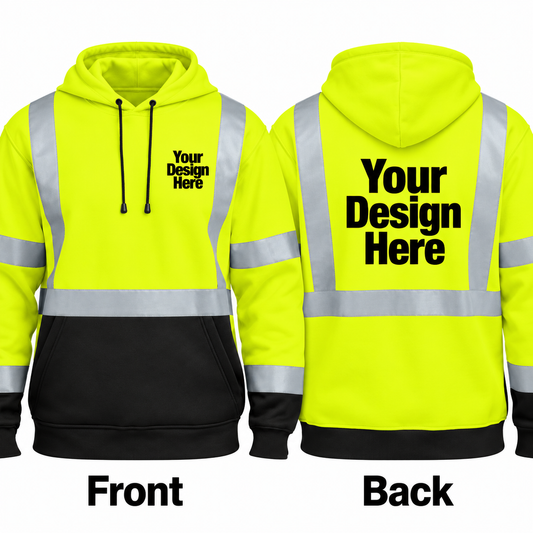 Custom safety yellow reflective pullover hoodie with front and back DTF logo placement
