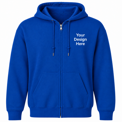 Royal blue full-zip hoodie customized with embroidered logos or full-color DTF printing.