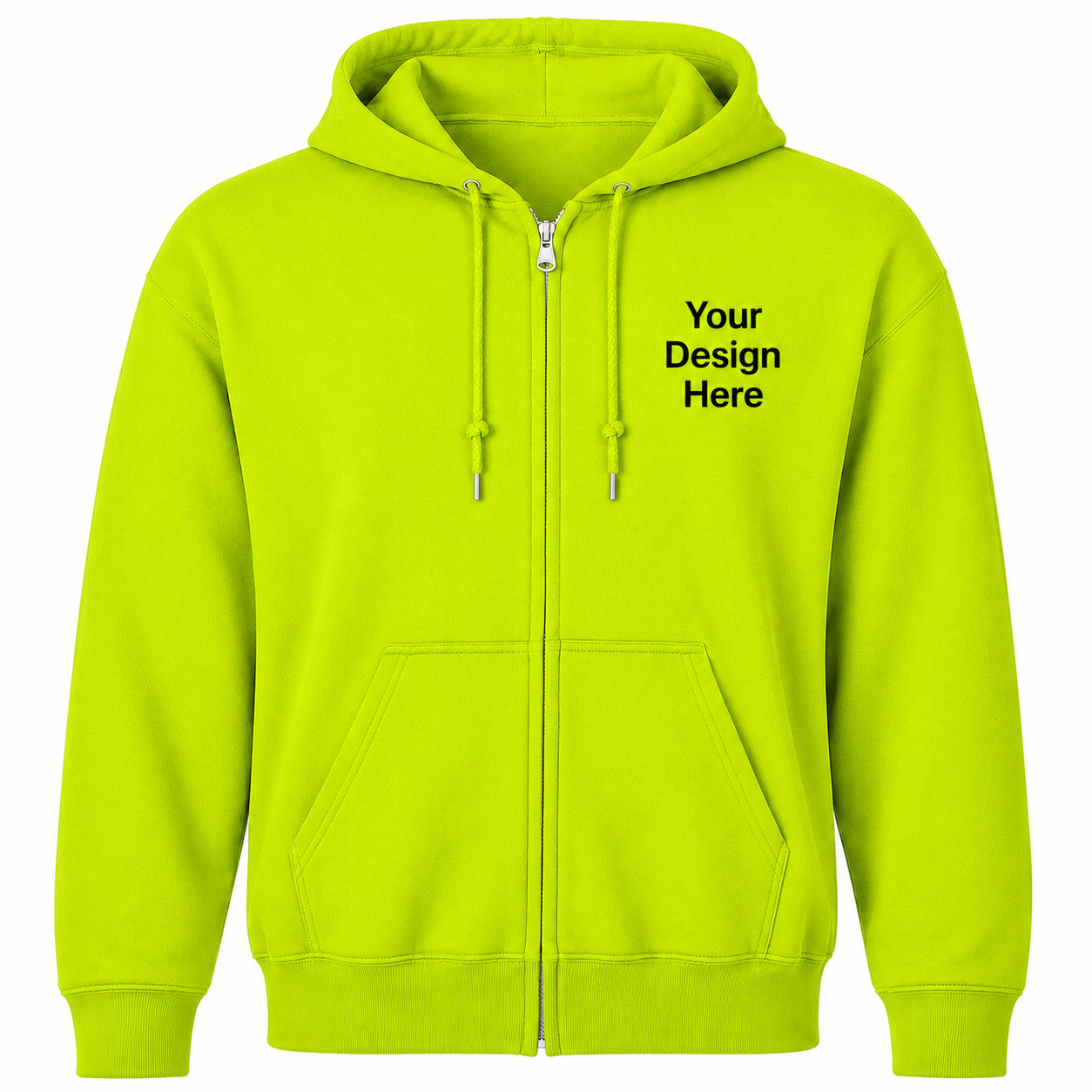 Safety green full-zip hoodie customized with embroidered logos for workwear and job site uniforms.