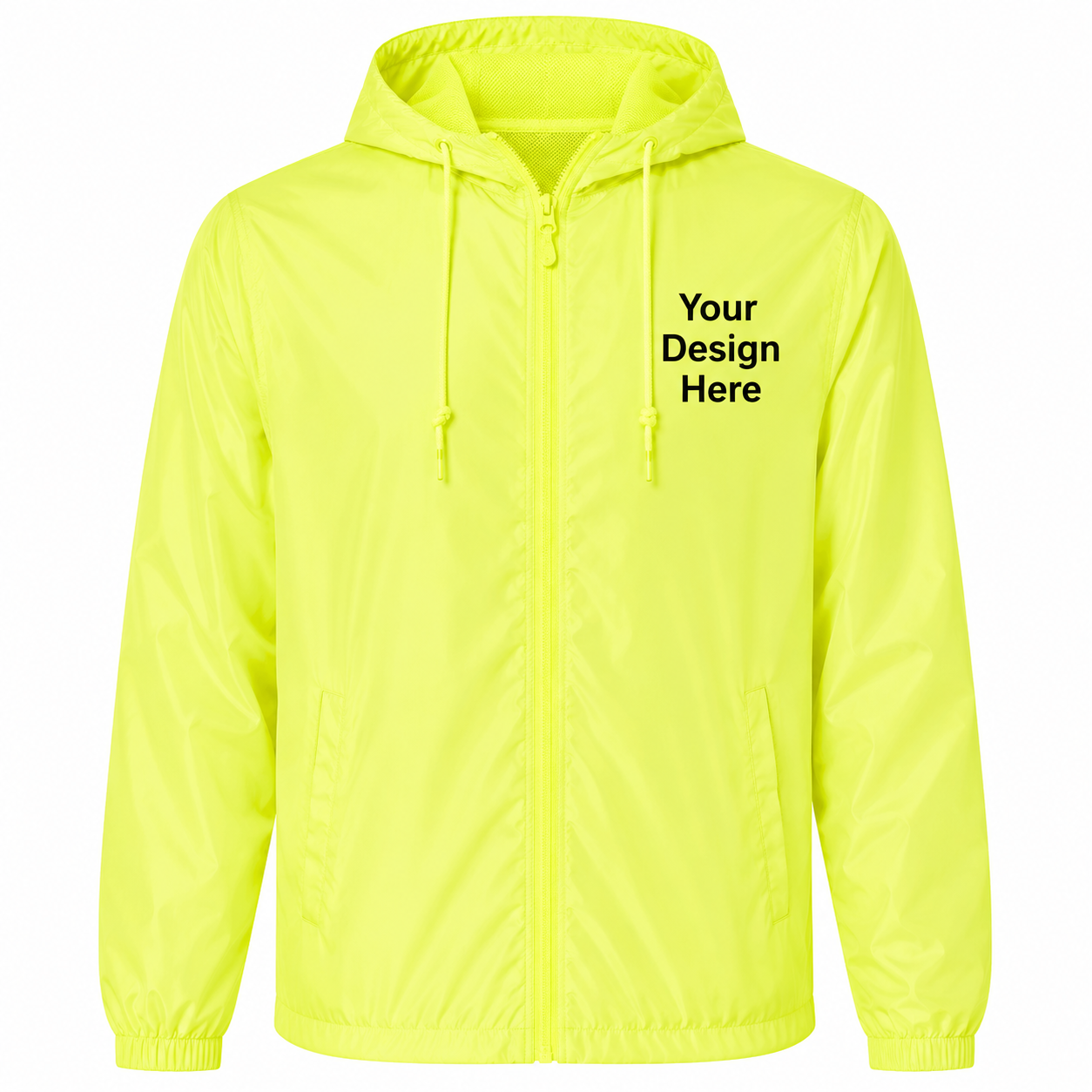 Fluorescent safety green custom windbreaker jacket for embroidered logos, workwear, and team apparel.