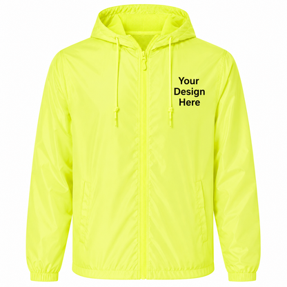Fluorescent safety green custom windbreaker jacket for embroidered logos, workwear, and team apparel.