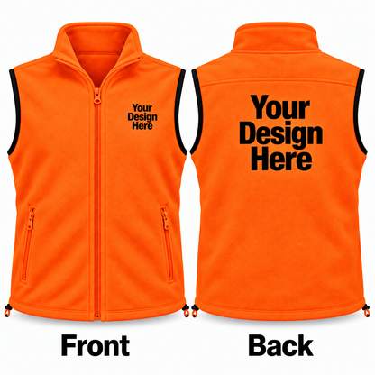 Custom safety orange fleece vest front and back views with DTF logo printing