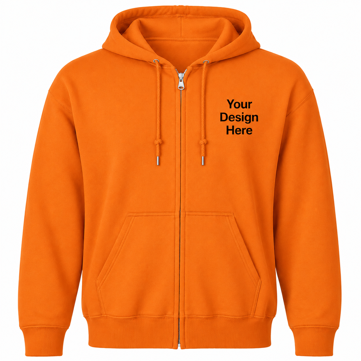 Safety orange full-zip hoodie for custom embroidered workwear and high-visibility company apparel.