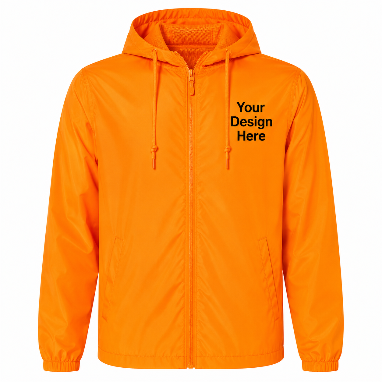 High-visibility safety orange windbreaker jacket customized with embroidered company logos and DTF printing.