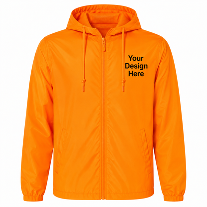 High-visibility safety orange windbreaker jacket customized with embroidered company logos and DTF printing.