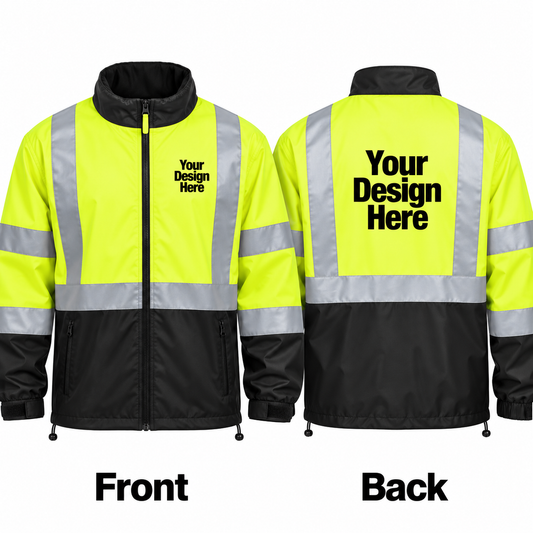 Custom safety yellow and black reflective windbreaker front and back logo placement on white