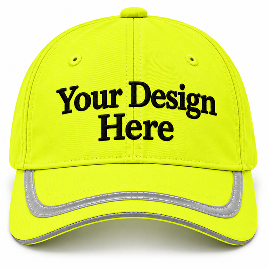 Safety Yellow reflective cap front view with custom logo embroidery