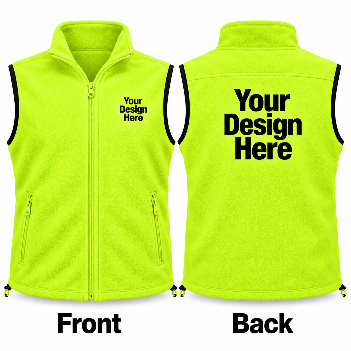 Custom safety yellow fleece vest front and back views with DTF logo printing