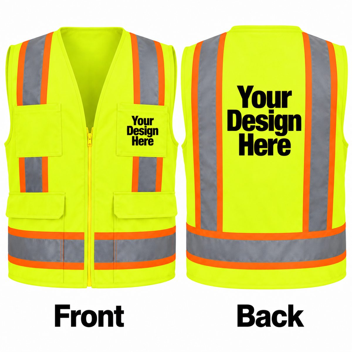 Custom safety yellow solid surveyor vest front and back with DTF logo placement