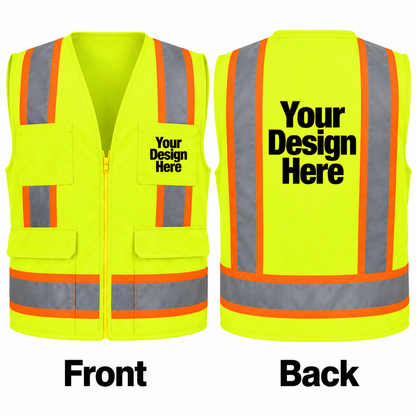 Custom safety yellow solid surveyor vest front and back with DTF logo placement