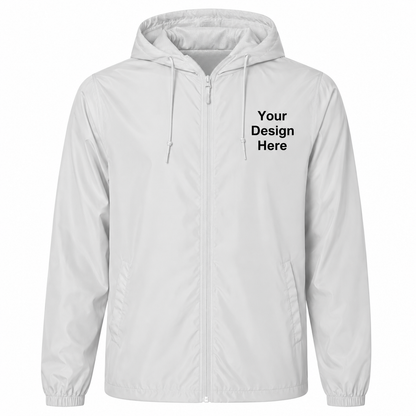 Smoke gray  white custom windbreaker jacket featuring left chest embroidery and full-color DTF printing.