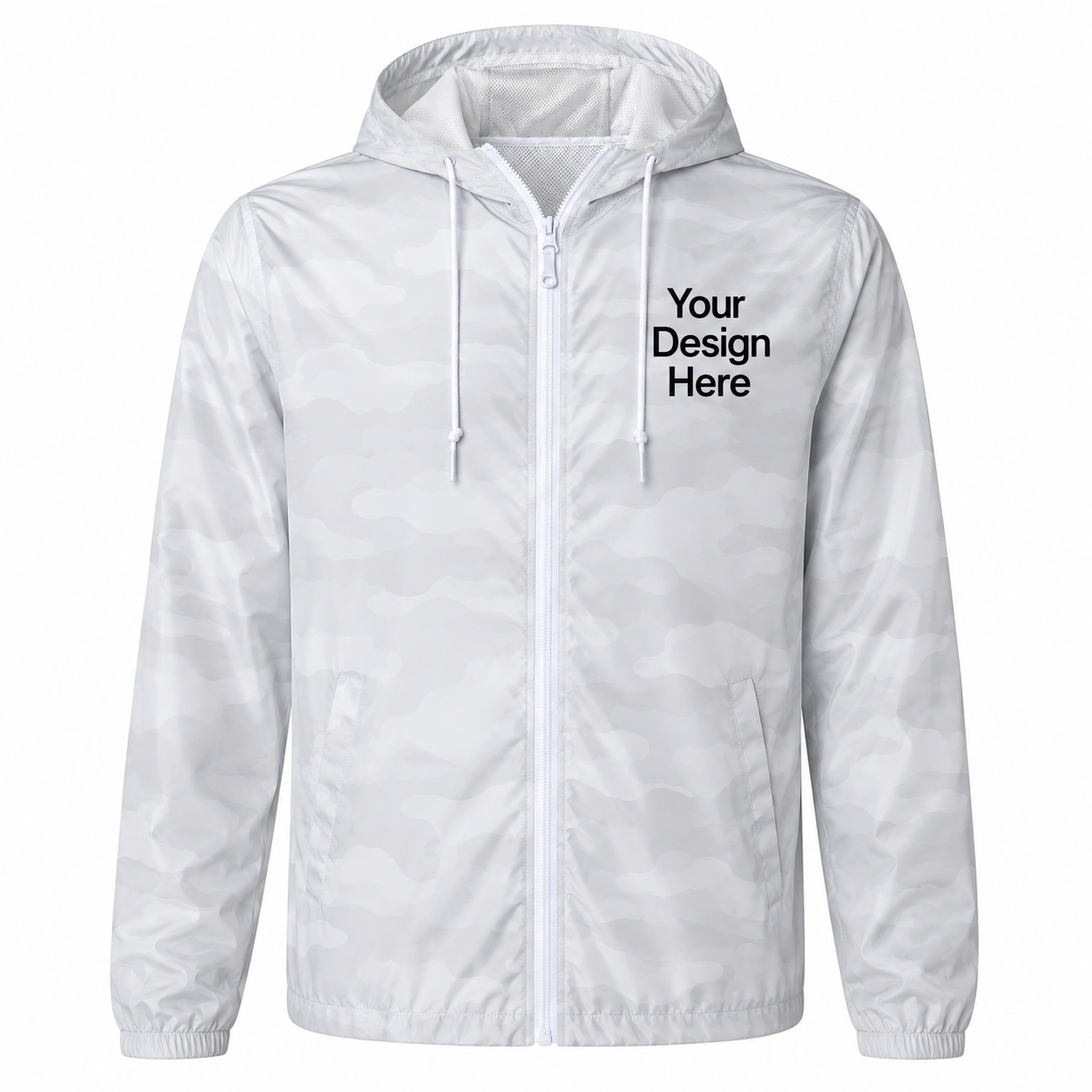 White camouflage windbreaker jacket customized with embroidered logos or DTF printing for businesses and teams.