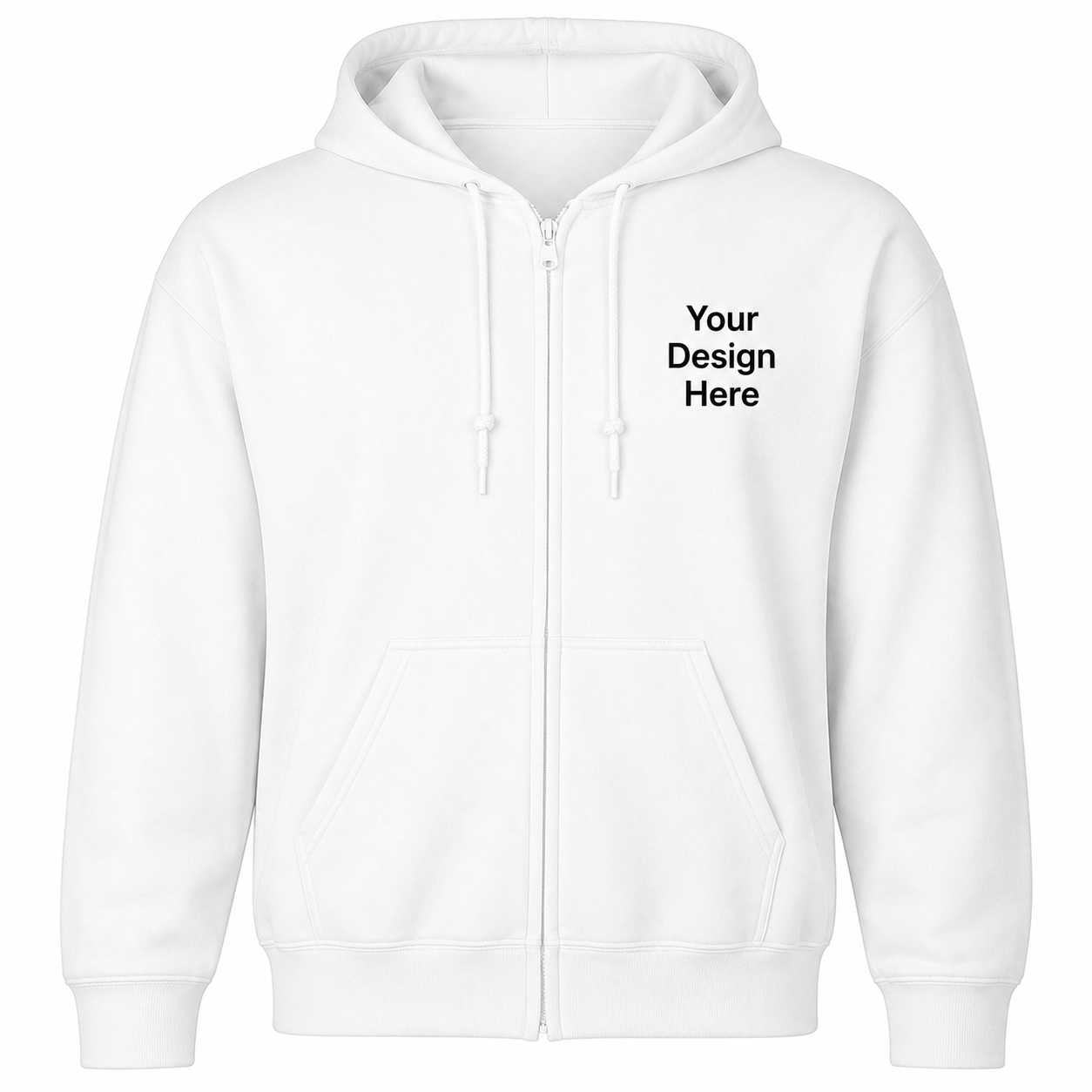 White full-zip hoodie customized with embroidery or DTF printing featuring left chest logo placement.
