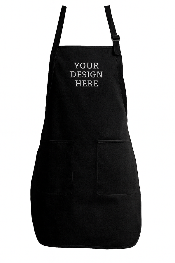 Full-length Port Authority A600 bib apron customized with embroidery or DTF printing, perfect for restaurant staff, cafes, and hospitality uniforms.