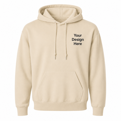 Premium beige hoodie available for custom embroidery and logo branding. Ideal for business uniforms, company apparel, team clothing, events, schools, and personalized gifts.