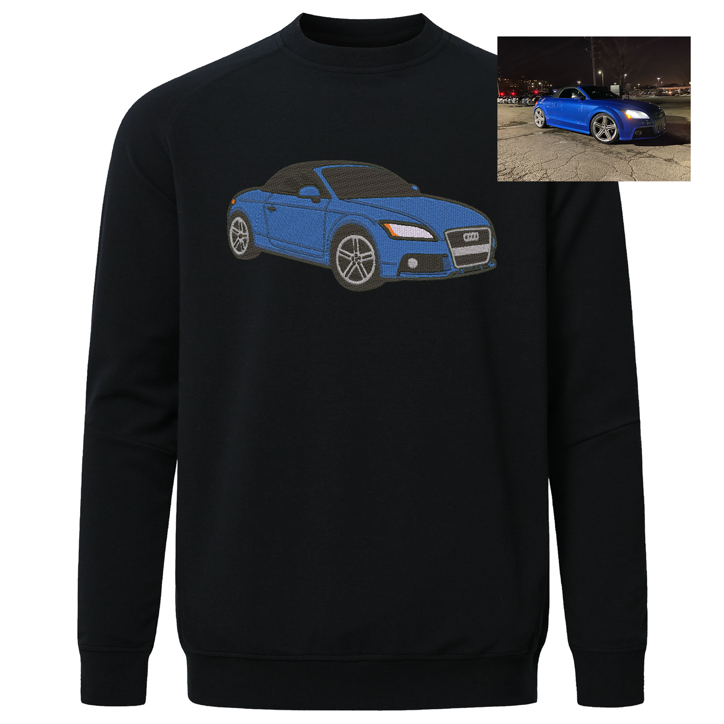 Crewneck sweatshirt featuring embroidery of a classic car, stitched with clean lines and lasting durability. Audi