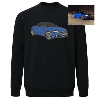 Crewneck sweatshirt featuring embroidery of a classic car, stitched with clean lines and lasting durability. Audi