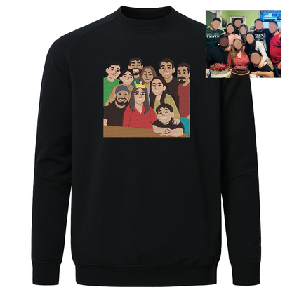 Cozy crewneck sweatshirt featuring precision embroidery of a family photo, stitched in detail for a personalized touch.