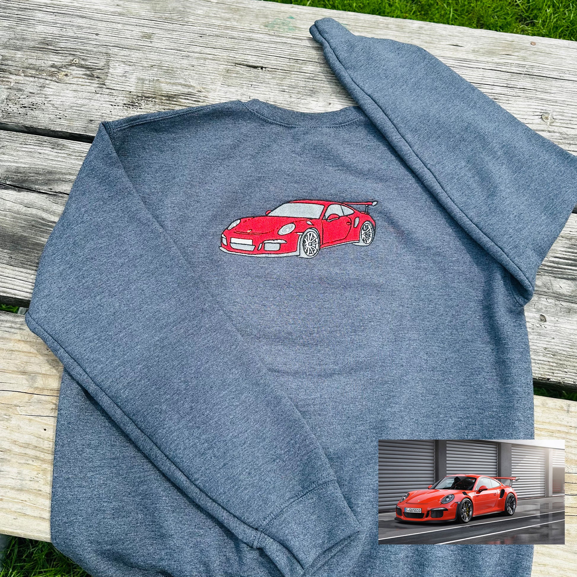 Personalized crewneck featuring detailed embroidery of a luxury car, stitched for a bold, eye-catching finish. Porsche 911 Clothing
