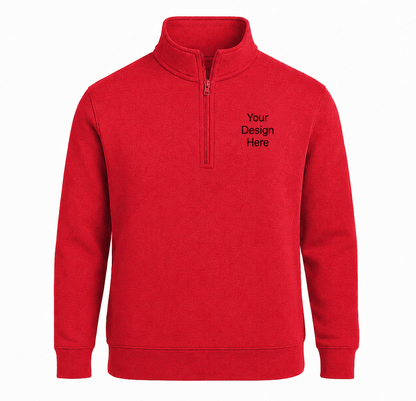 Red custom embroidered quarter-zip sweatshirt made for employee uniforms, company events, team apparel, fundraising, and promotional clothing.