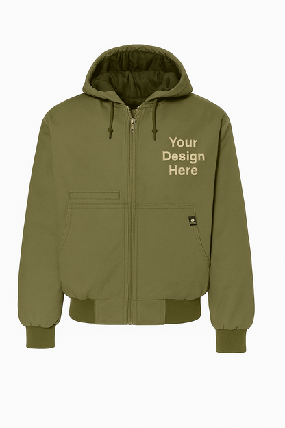 Close-up of professional embroidery by Sharp Stitch on a rugged work jacket. Offering premium DTF printing and logo embroidery for uniforms, workwear, and branded apparel across the U.S.