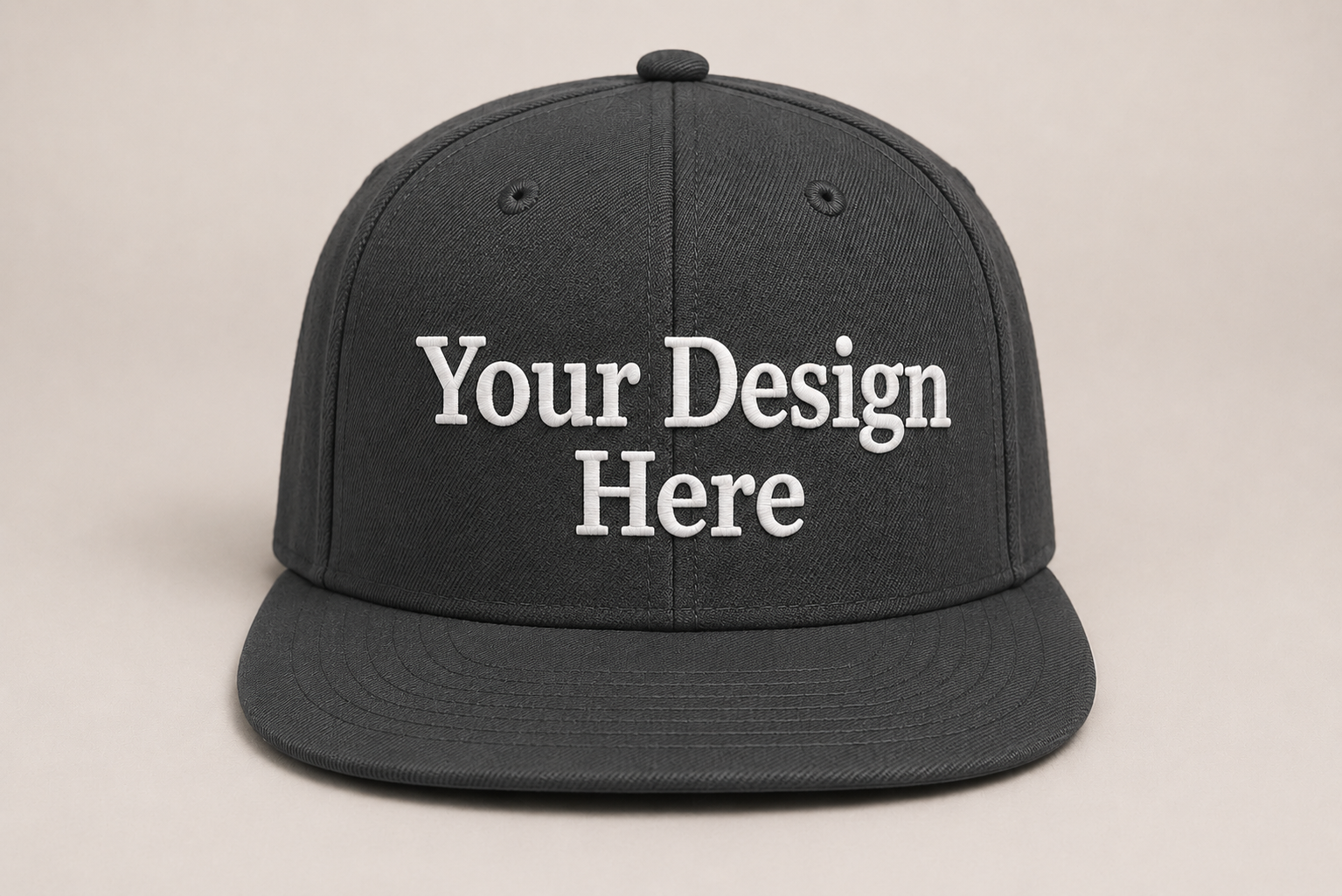 Dark grey snapback hat featuring custom embroidery, ideal for company uniforms, events, and promotional products.