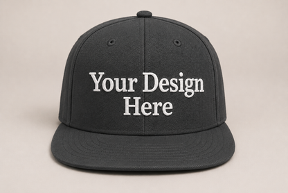 Dark grey snapback hat featuring custom embroidery, ideal for company uniforms, events, and promotional products.