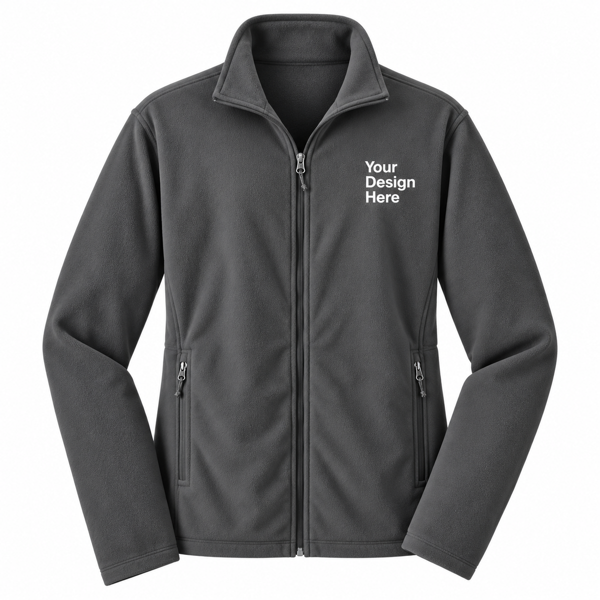 A dark gray zip-up fleece jacket with a mock neck collar, shown on a plain white background. The right chest area features white placeholder text reading 'Your Design Here' indicating a customizable print-on-demand spot.

