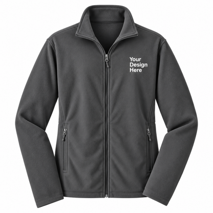 A dark gray zip-up fleece jacket with a mock neck collar, shown on a plain white background. The right chest area features white placeholder text reading 'Your Design Here' indicating a customizable print-on-demand spot.

