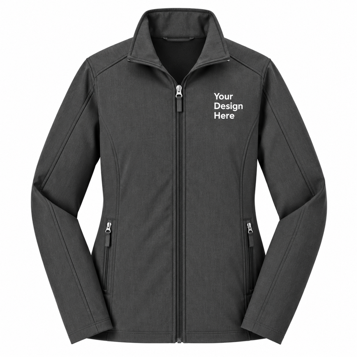 A dark gray zip-up jacket with a mock neck collar, featuring 'Your Design Here' printed in white on the left chest, displayed on a solid white background.

