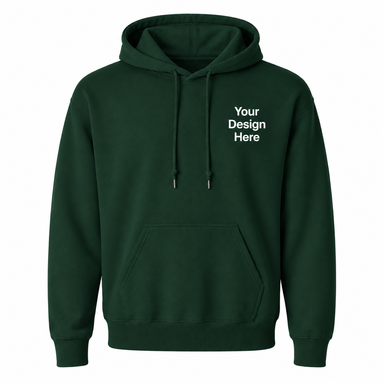 Custom forest green hoodie designed for embroidered logos, company branding, school apparel, sports teams, and promotional merchandise.