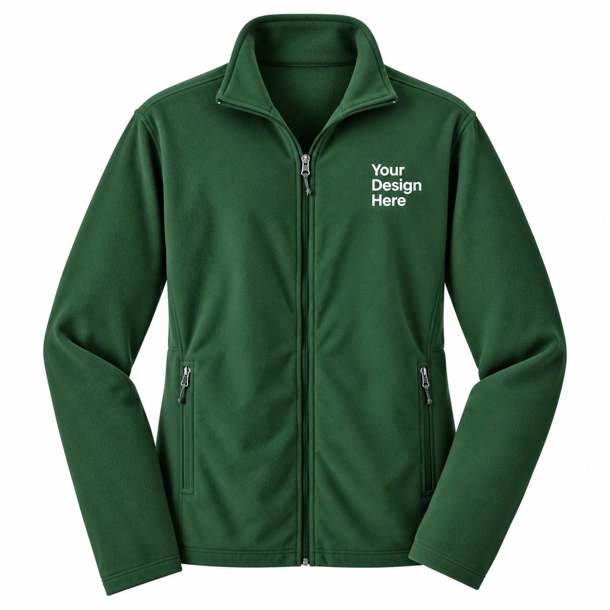 A dark green full-zip fleece jacket with a stand-up collar, featuring two zippered hand pockets and white placeholder text on the left chest that reads 'Your Design Here'.


