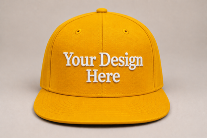 Golden yellow snapback hat featuring embroidered company logos and custom branding.