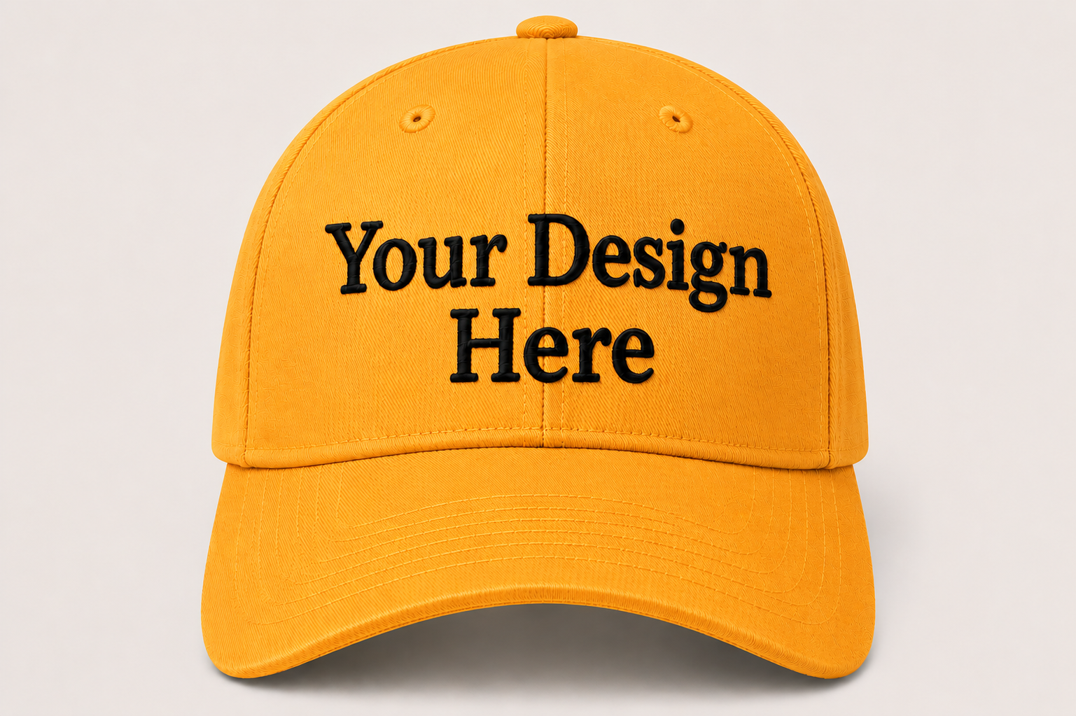 Golden yellow baseball cap customized with professional embroidery for businesses, clubs, and promotional apparel.